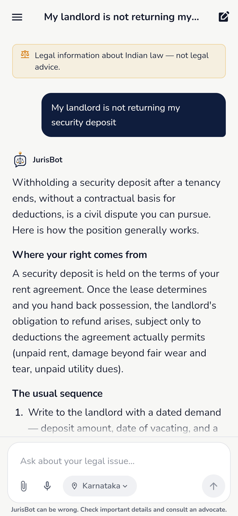 A JurisBot answer about a landlord withholding a security deposit, structured under headings, with a notice that this is legal information and not legal advice.