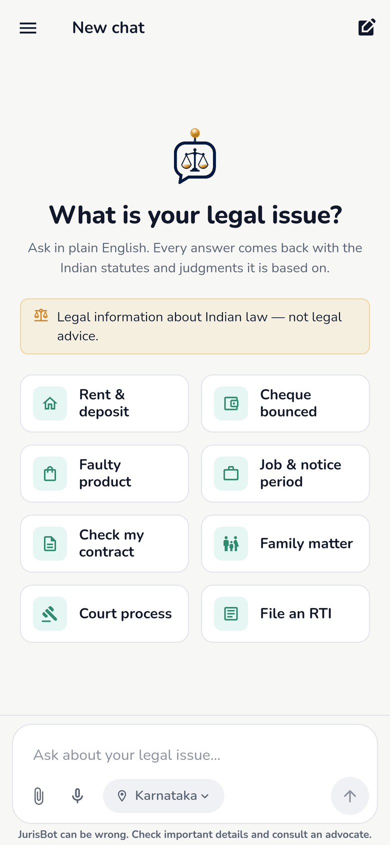 The JurisBot chat screen asking “What is your legal issue?”, with one-tap starters for rent and deposit, a bounced cheque, a faulty product and five other common situations.