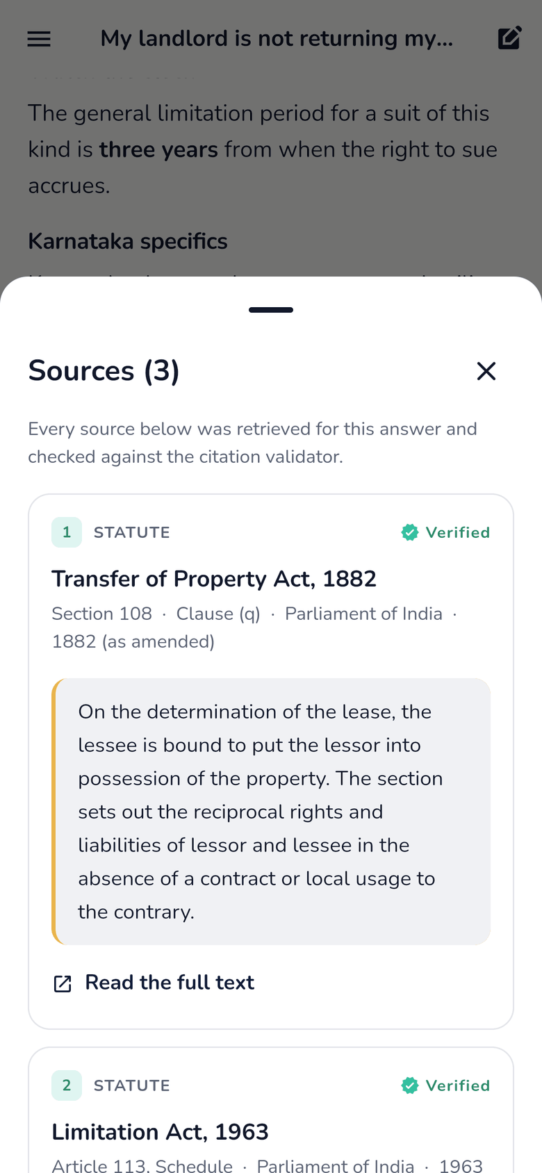 The Sources sheet listing the Transfer of Property Act 1882 and the Limitation Act 1963, each marked Verified and quoting the paragraph the answer relied on.